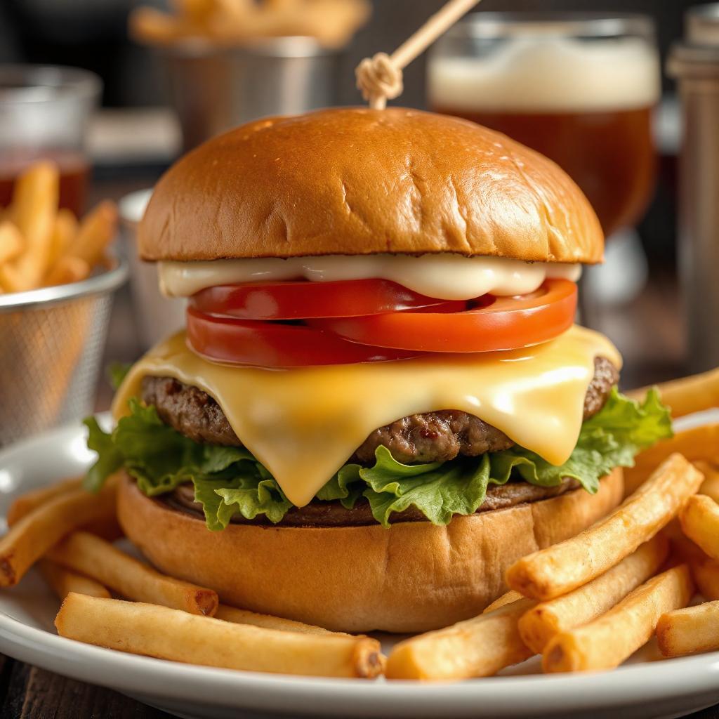 Doppio Hamburger con formaggio cheddar, pomodori, insalata e maionese, con contorno di patatine fritte